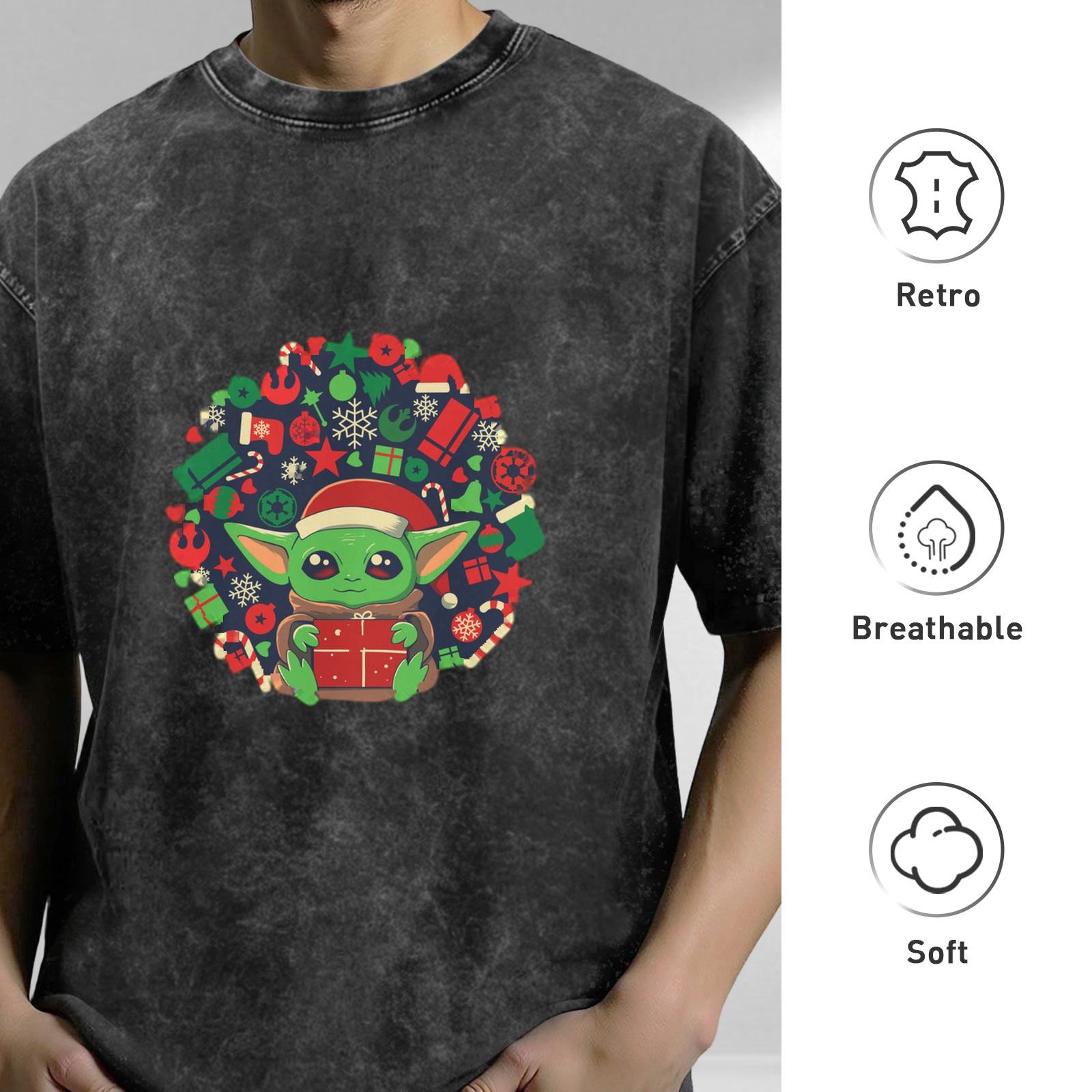 Baby Yoda Christmas Wreath Graphic Stonewashed Black T-Shirt