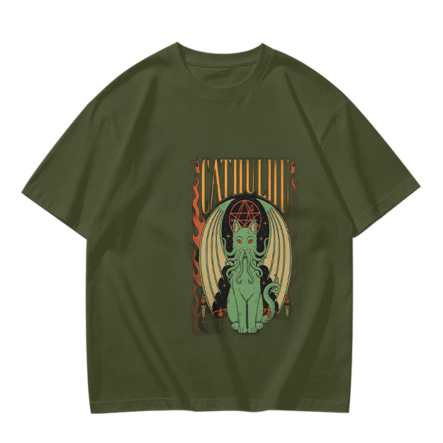 Olive T-shirt with Cthulhu Cat Graphic Print