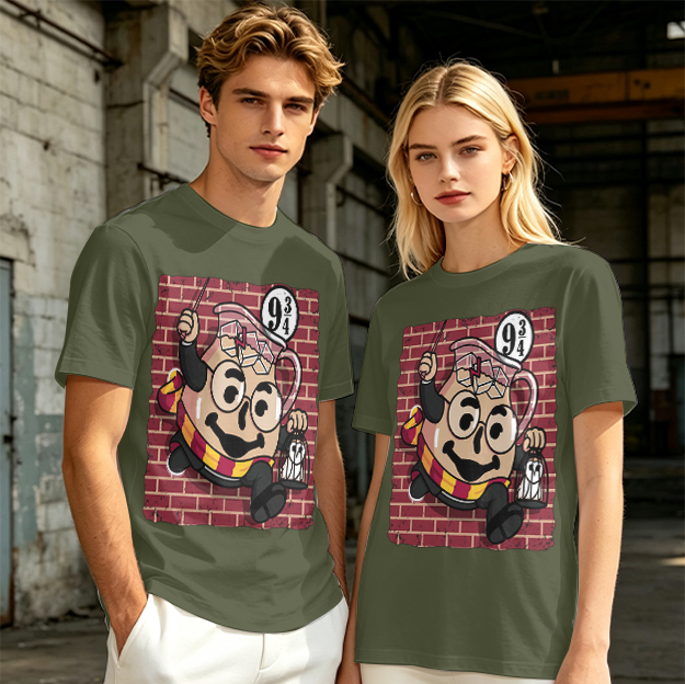 Olive T-shirt with Harry Potter themed pitcher graphic