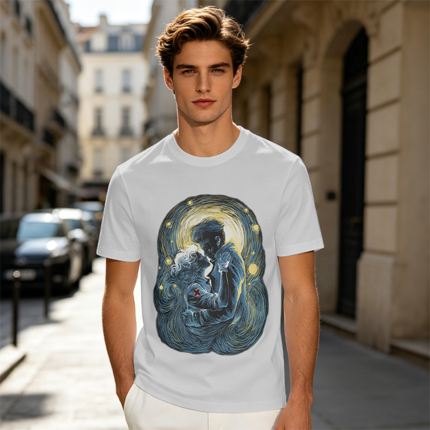Olive T-Shirt With Starry Night Style Embracing Couple Art