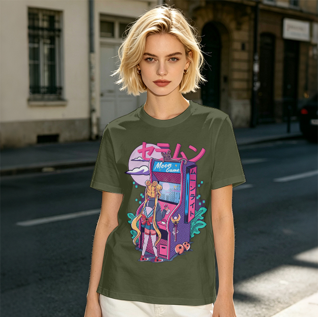 Anime girl playing moon arcade game graphic tee