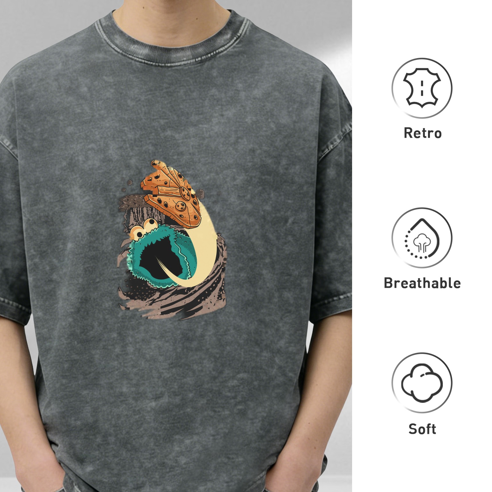 Oversized Acid Wash T-Shirt with Cookie Monster Graphic Print