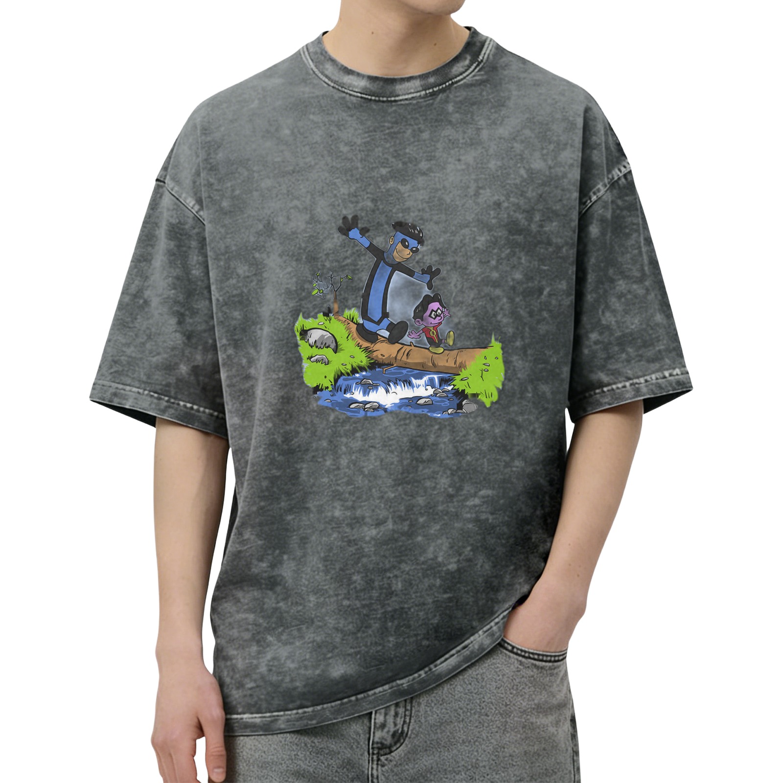 Oversized acid wash t-shirt with cartoon characters crossing a log over a stream