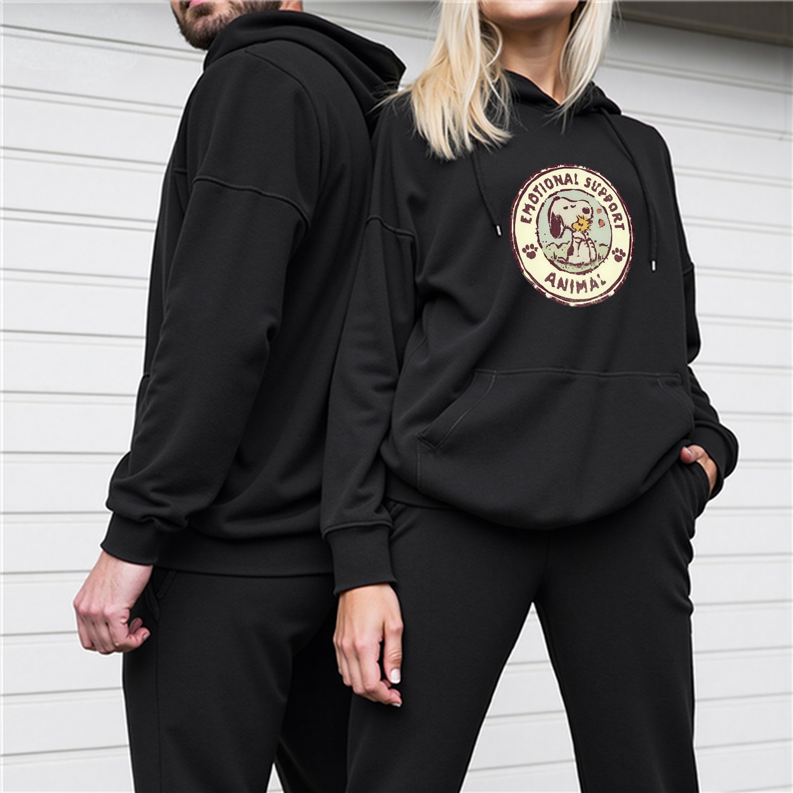 Black hoodie with Snoopy emotional support animal graphic
