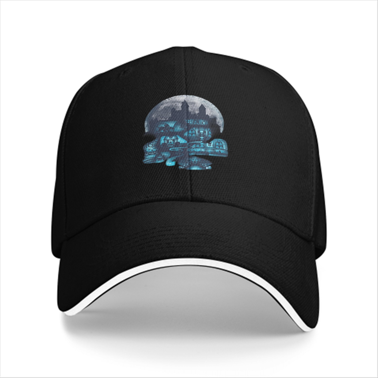 Black Baseball Cap With Haunted Mansion Skull Moon Graphic