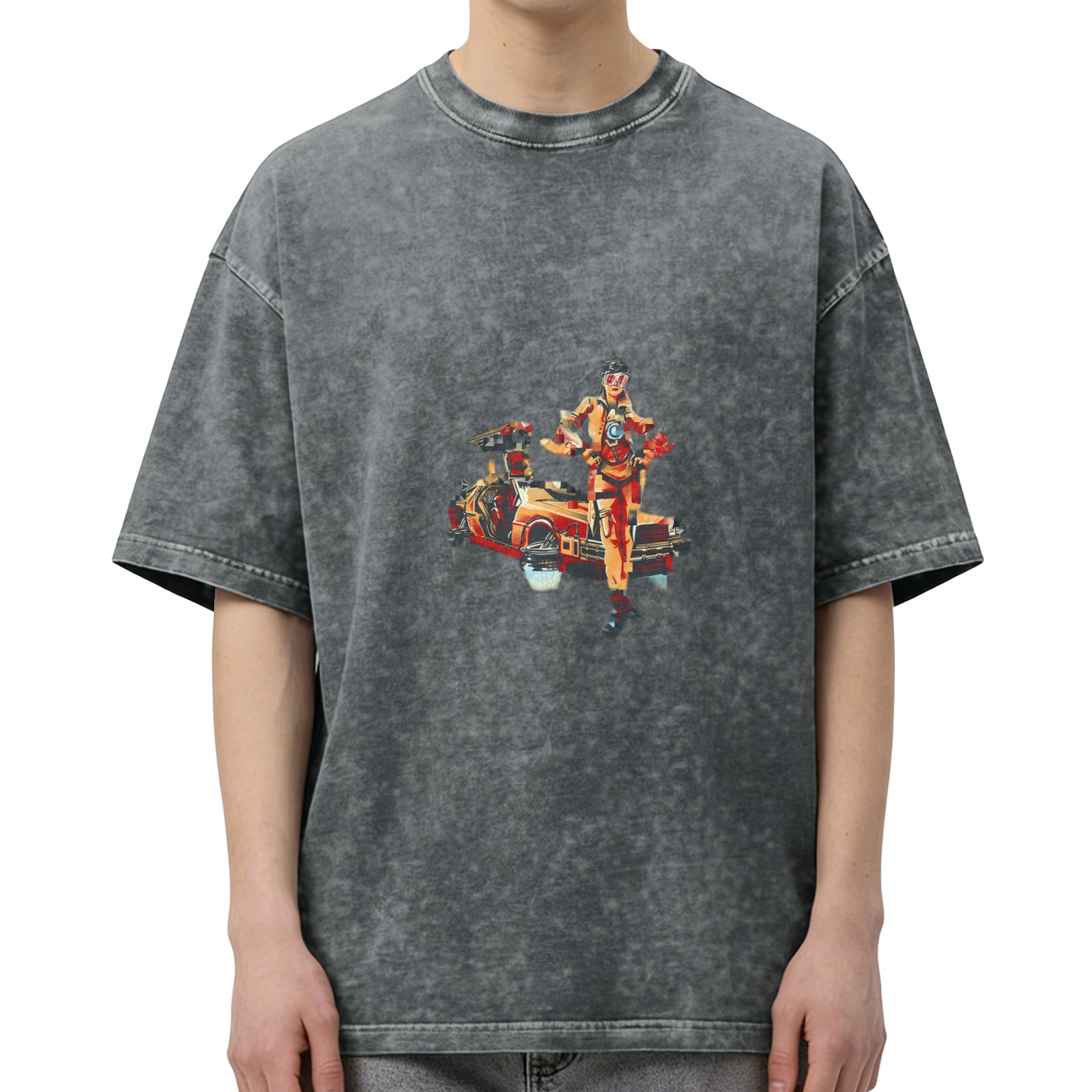 Oversized Acid Wash T-Shirt With Retro Sci-Fi Car And Character Print