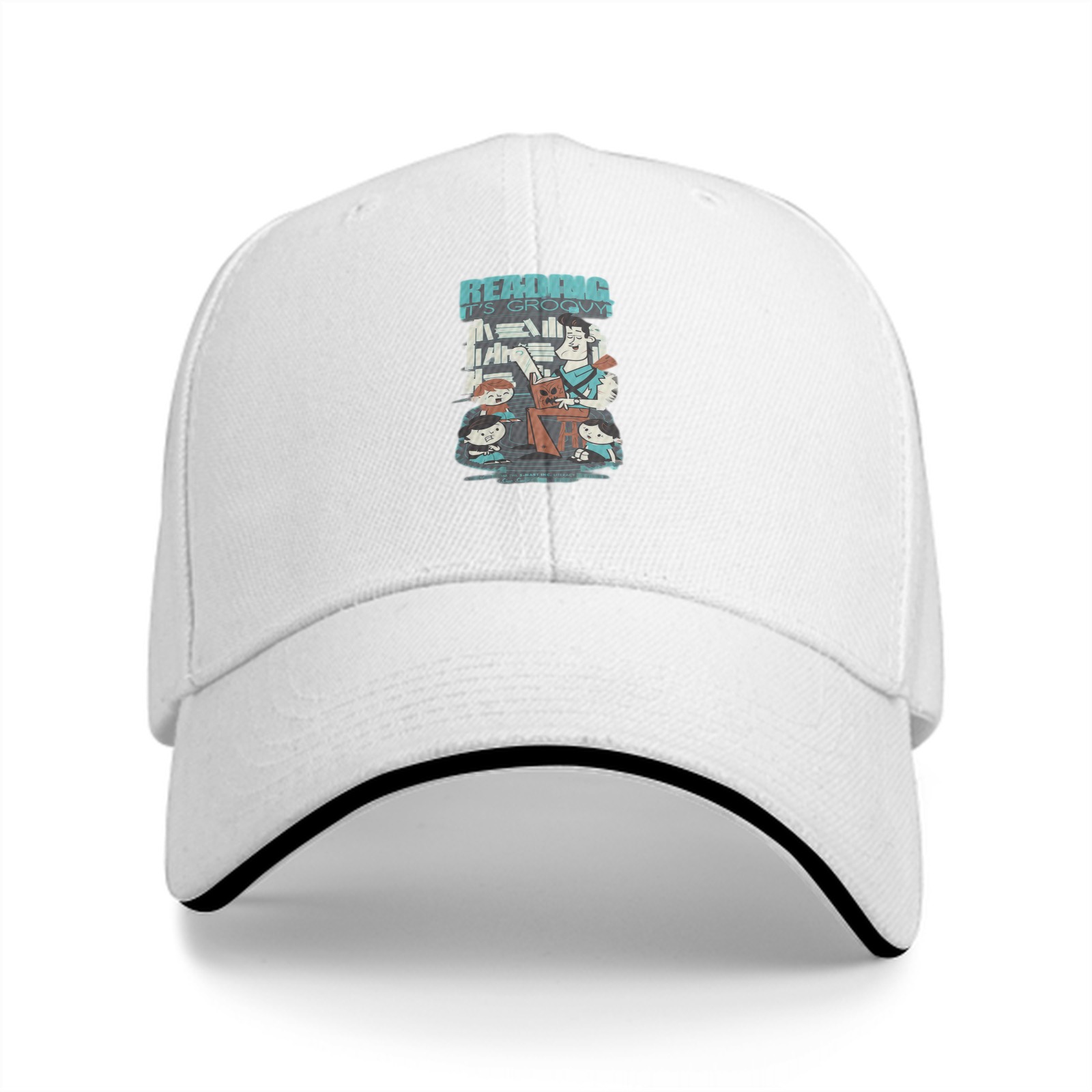 Black baseball cap with retro reading themed graphic print