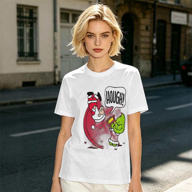 Olive Christmas T-Shirt With Grinch Lifting Santa Claus Print