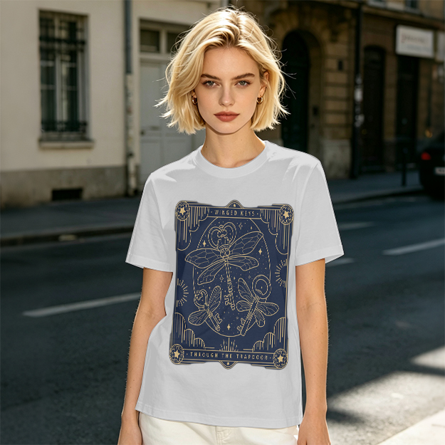 Olive t-shirt with winged keys tarot-style graphic design