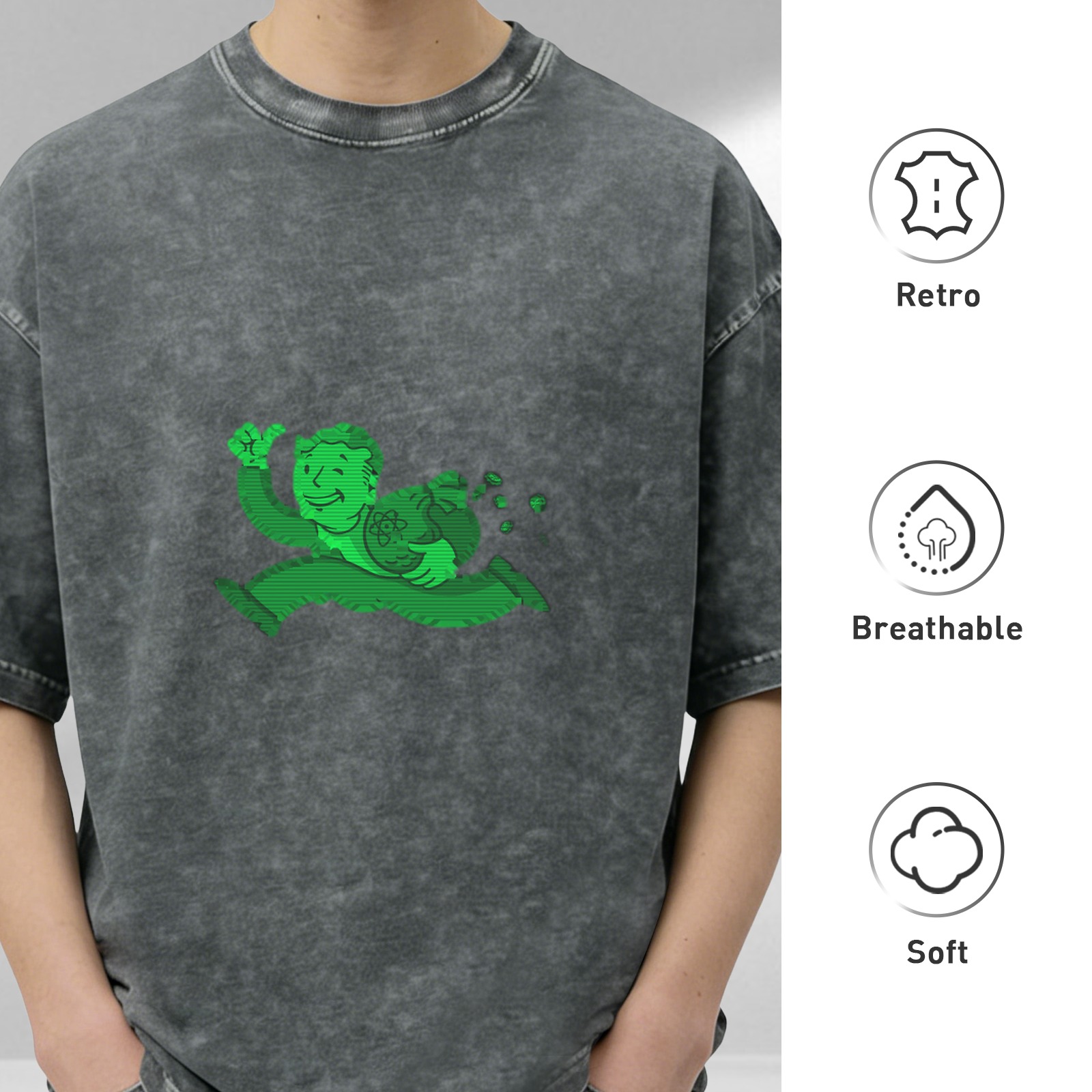 Oversized acid wash t-shirt with green Vault Boy running graphic
