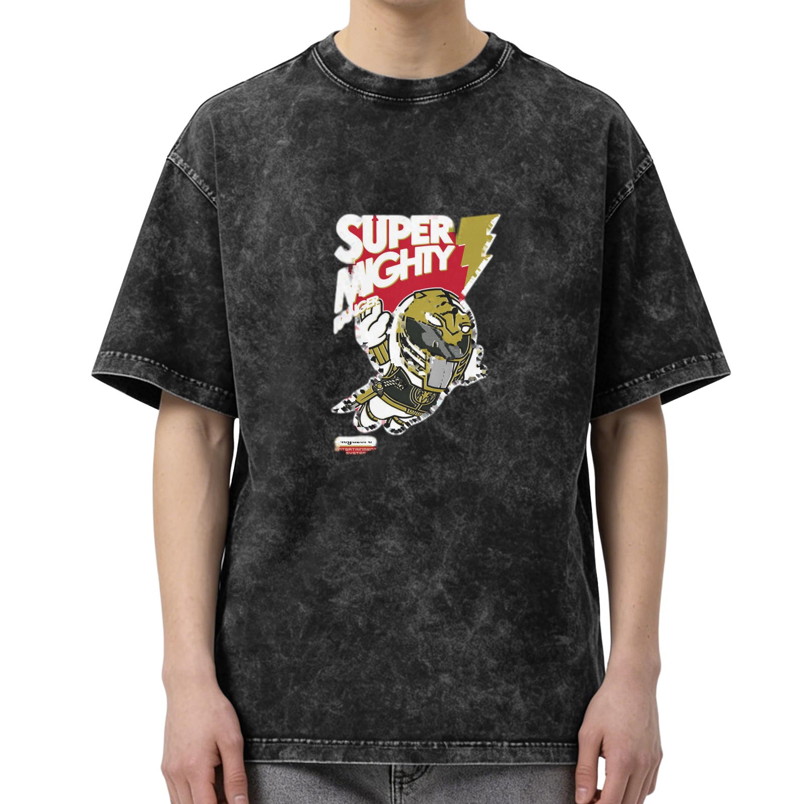 Washed Black Graphic T-Shirt with Super Mighty Hero Print