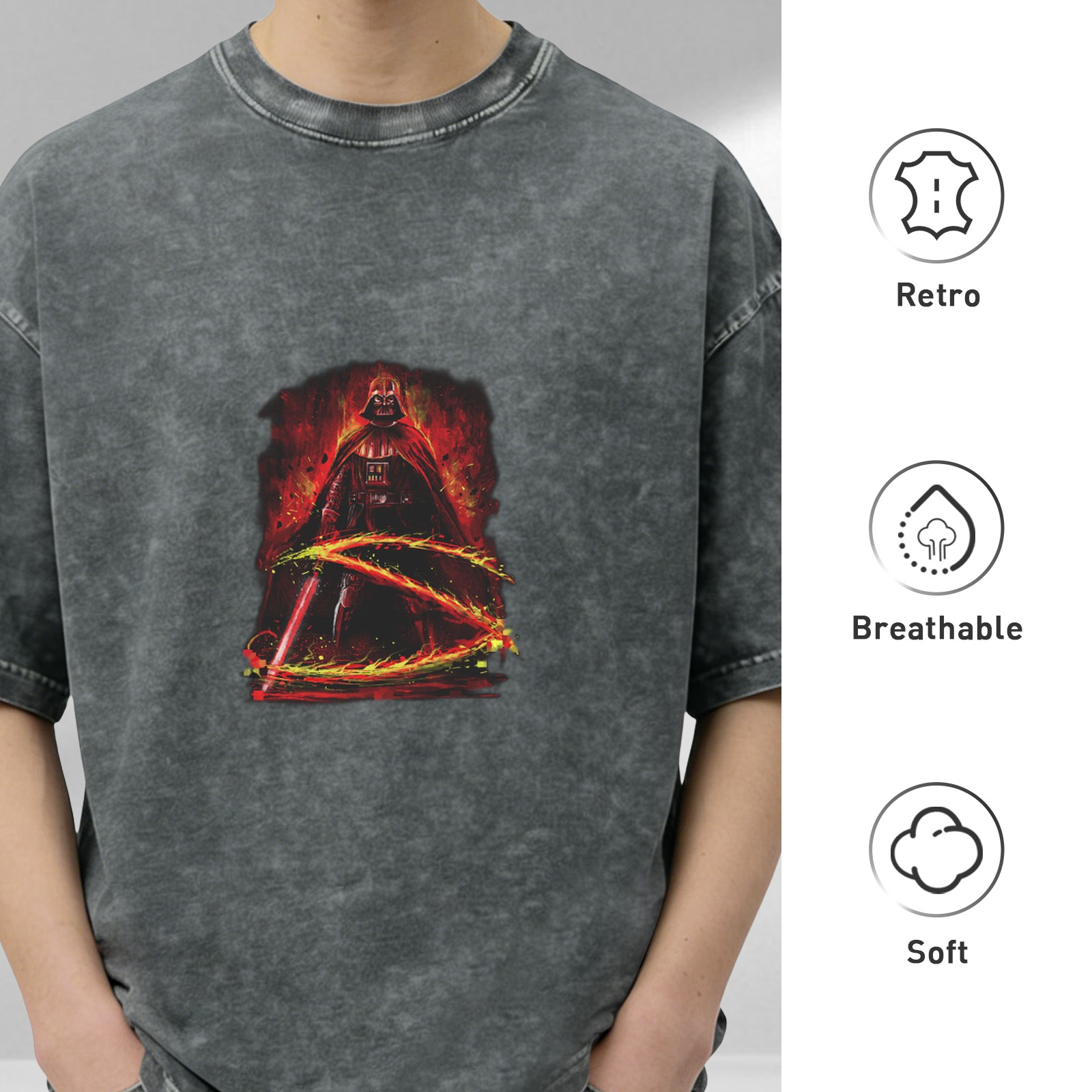 Oversized Dark Wash T-Shirt With Darth Vader Lightsaber Art