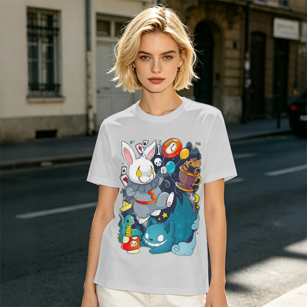 Alice in Wonderland Themed Graphic T-Shirt with Whimsical Characters