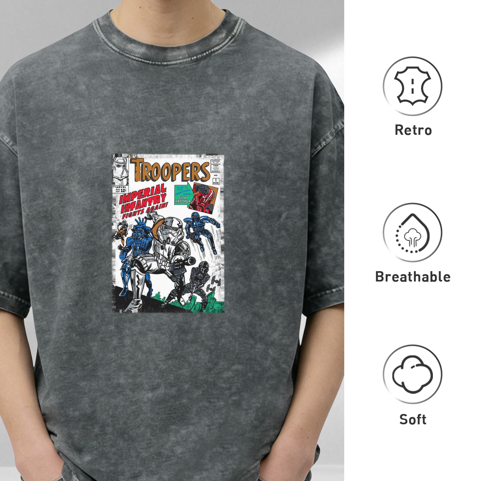 Washed Black T-Shirt with Retro Troopers Imperial Infantry Comic Print