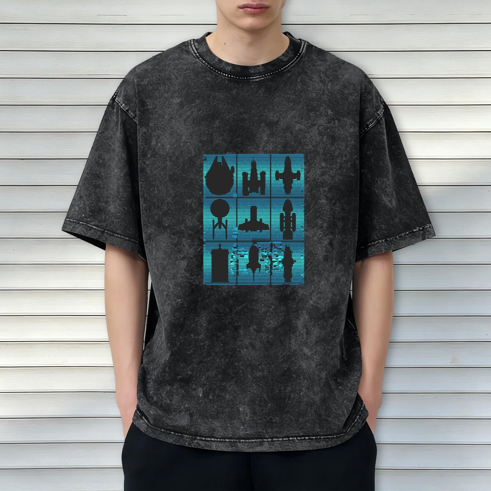 Oversized Stonewashed T-Shirt With Sci-Fi Spaceship Silhouette Grid Design