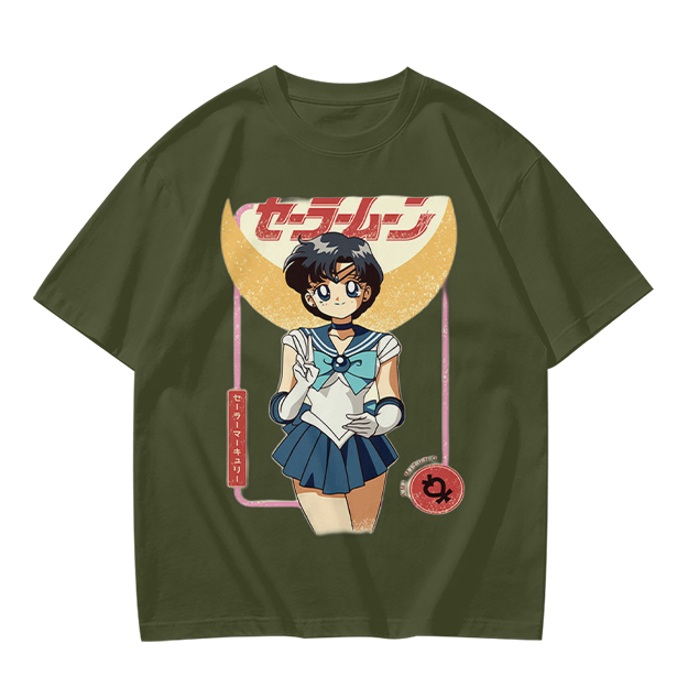 Olive T-shirt with Sailor Mercury anime graphic print