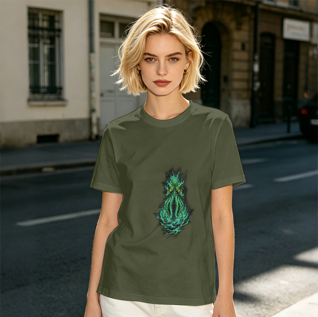 Olive Green T-Shirt With Glowing Cthulhu Monster Print