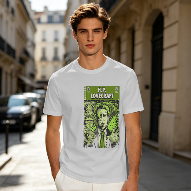 H.P. Lovecraft Comic Print Graphic Olive T-Shirt