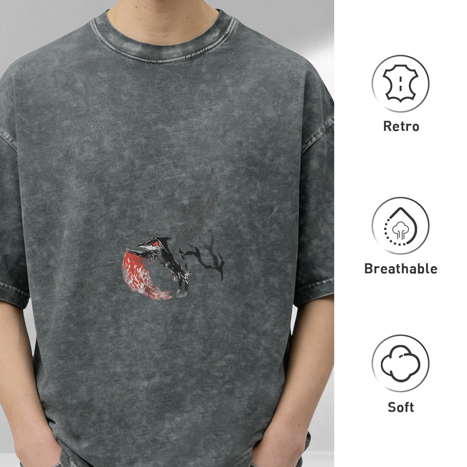 Oversized Acid Wash Black T-Shirt With Abstract Red And Black Graphic