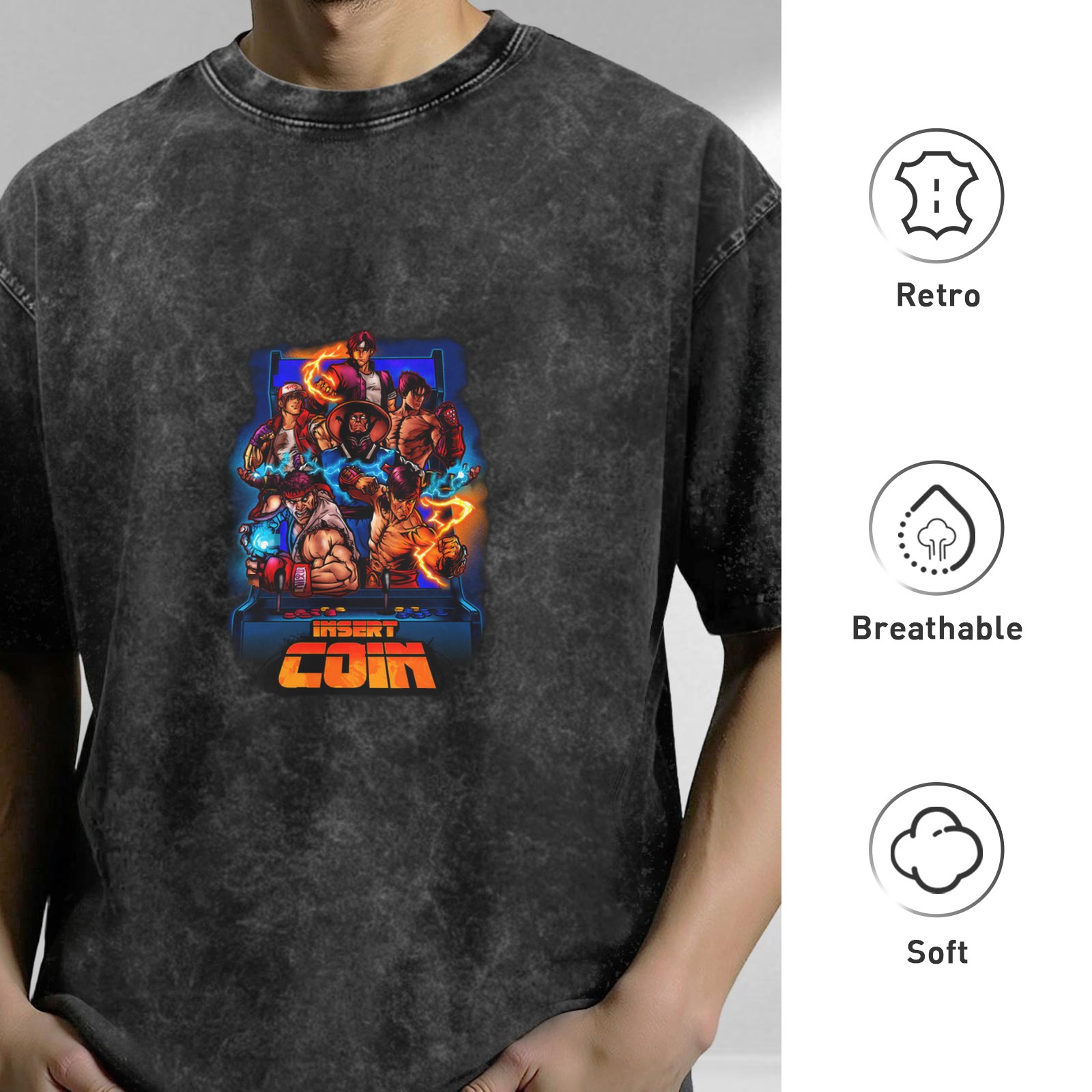 Retro Arcade Fighter Insert Coin Graphic Acid Wash T-Shirt