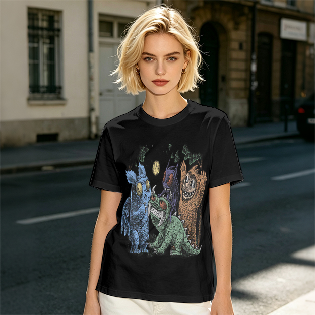 Olive Green T-Shirt With Whimsical Monster Crew Graphic Print