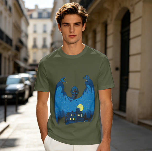 Olive T-Shirt with Spooky Blue Monster Over Haunted House Print