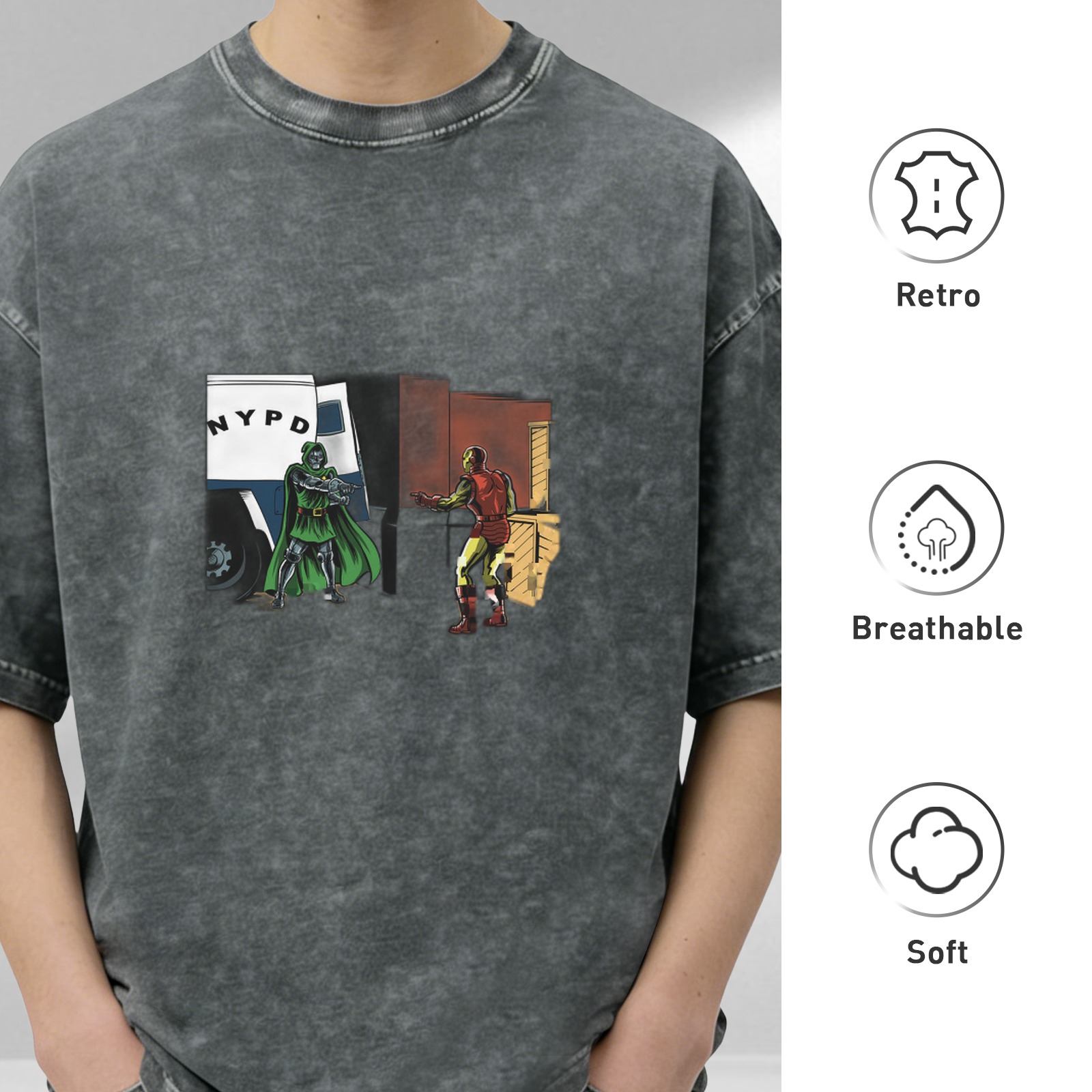 Oversized Acid Wash Graphic T-shirt with Comic Superhero Print