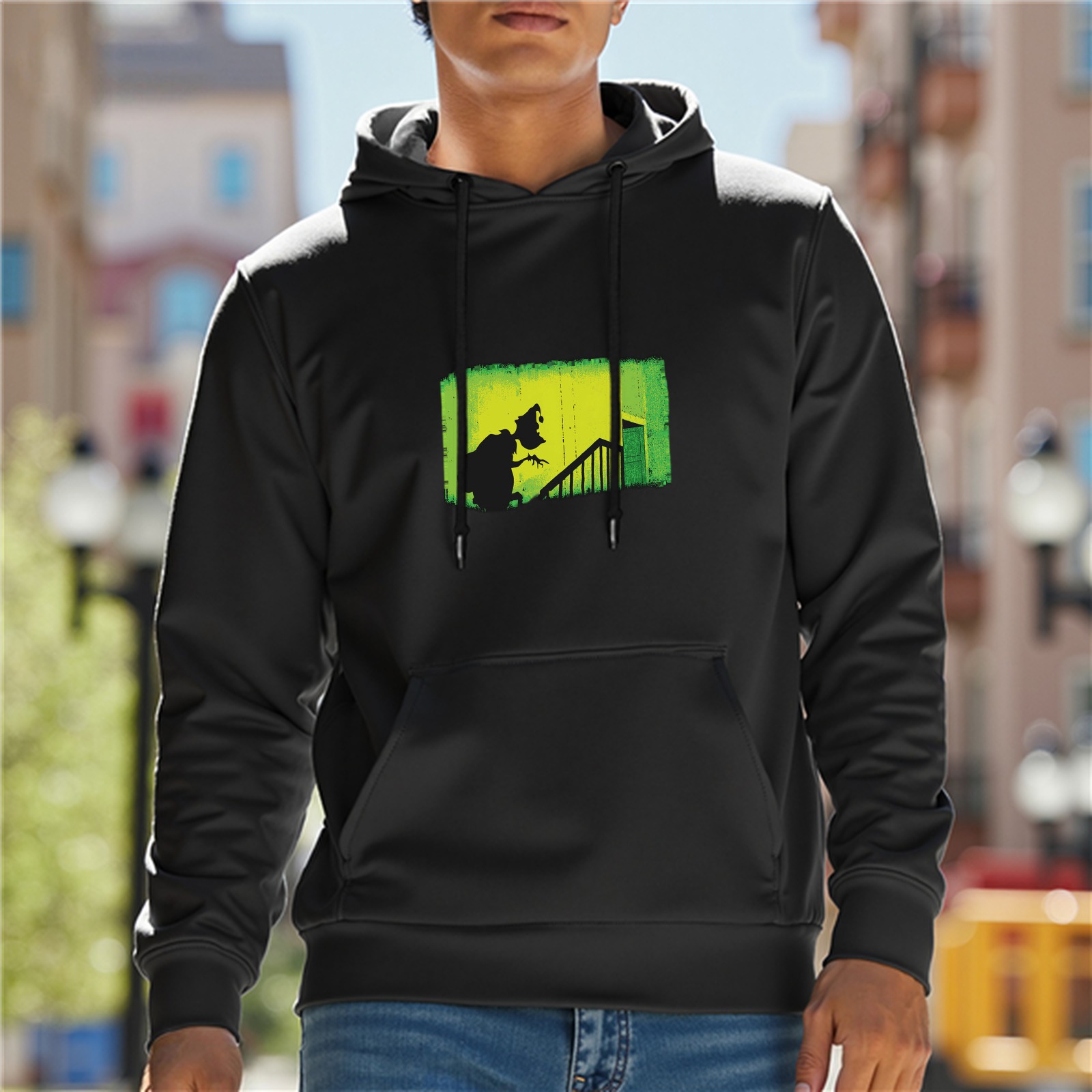 Black hoodie with eerie silhouette stairway graphic print