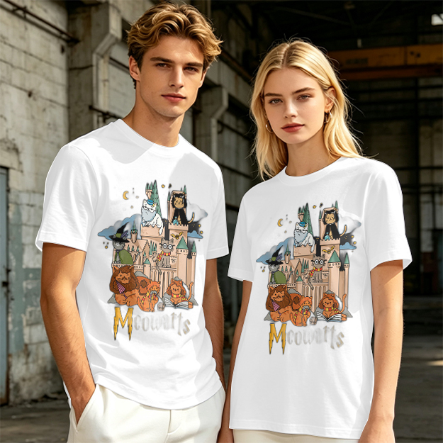 Olive T-Shirt With Whimsical Wizard Cat Castle Graphic