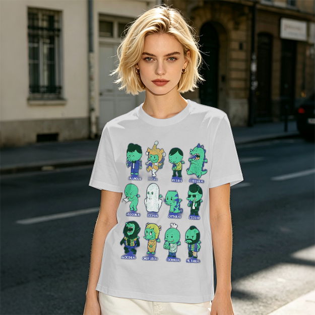 Olive Green T-Shirt With Cute Green Alien Character Print