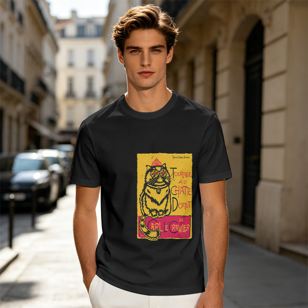 Olive T-shirt with a whimsical cat graphic print