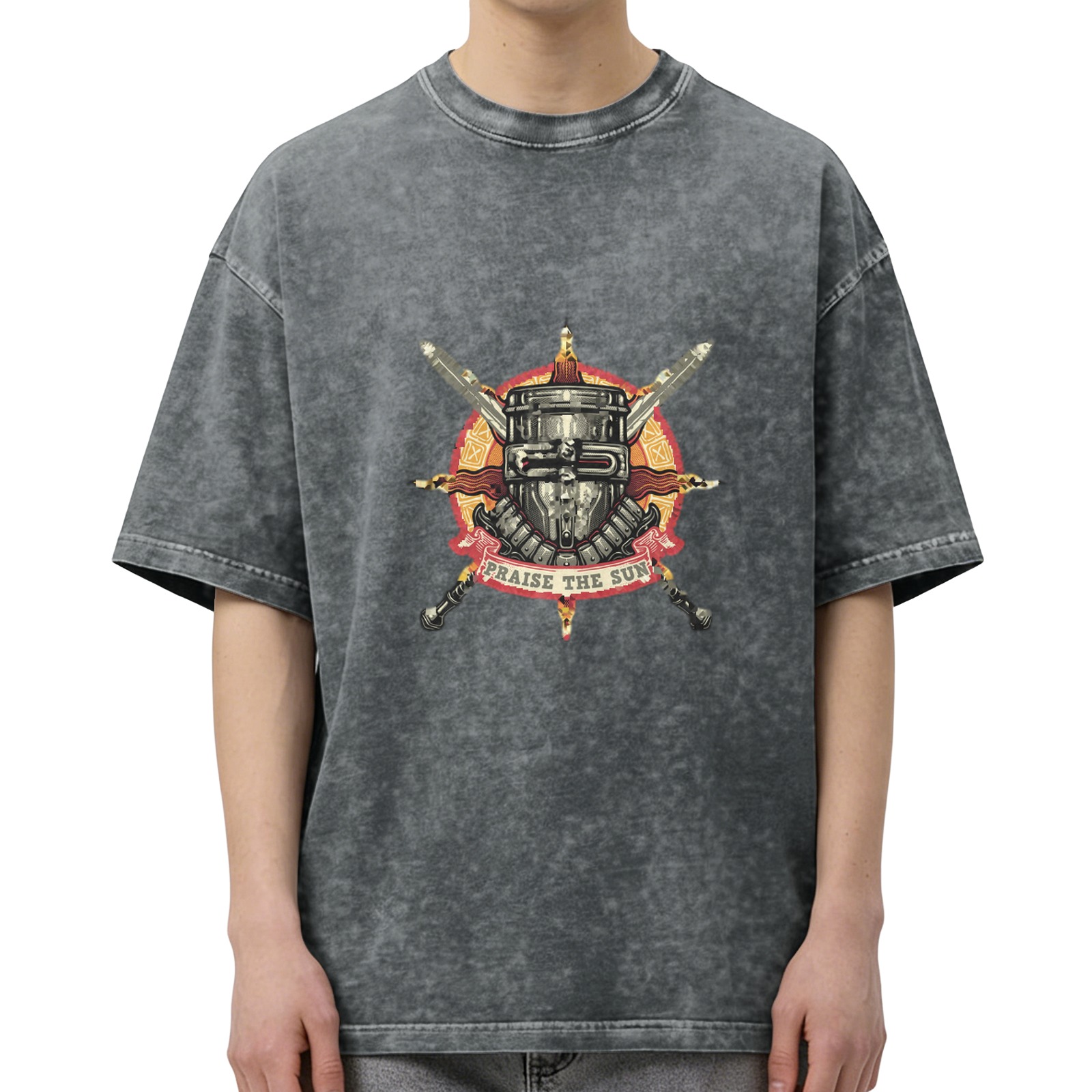 Dark Wash T-Shirt With Praise The Sun Knight Helmet Graphic
