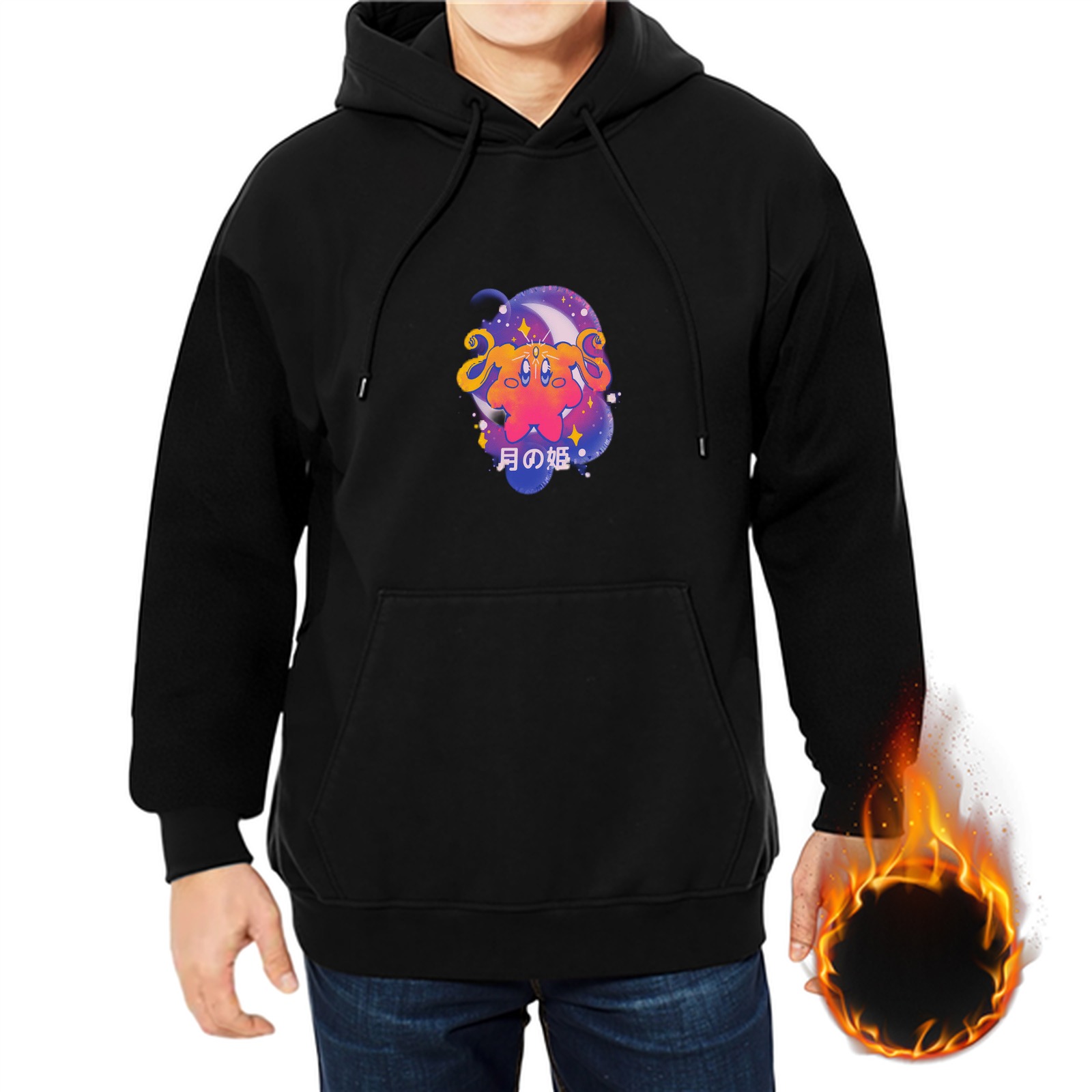 Black hoodie with cosmic cartoon character graphic