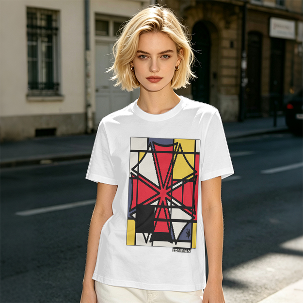 Olive T-Shirt with Mondrian-style Geometric Abstract Graphic Print