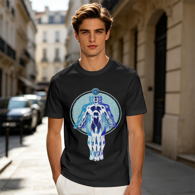 Olive T-Shirt with Glowing Blue Superhero Figure Graphic