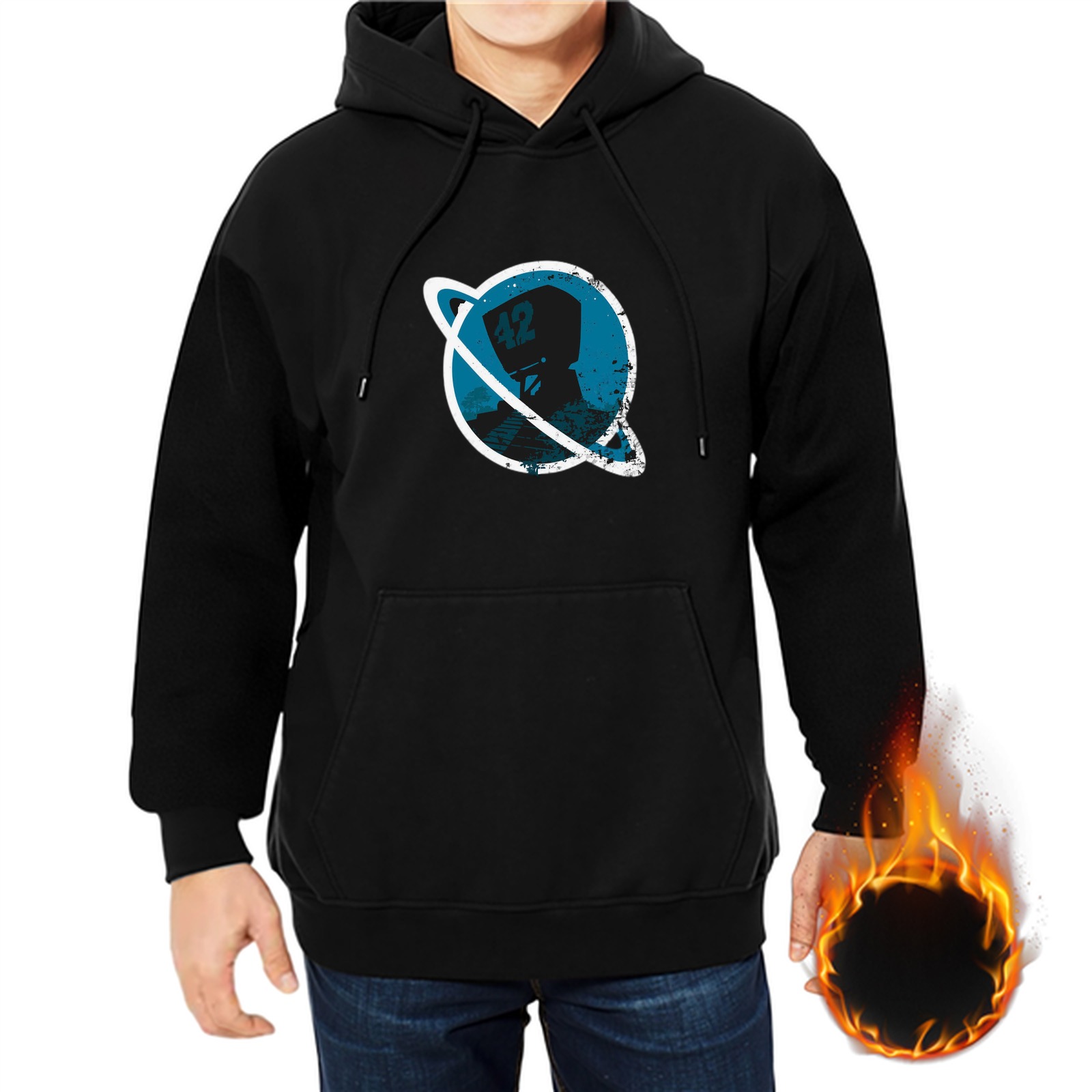 Black Hoodie with Distressed Space Astronaut Planet Graphic