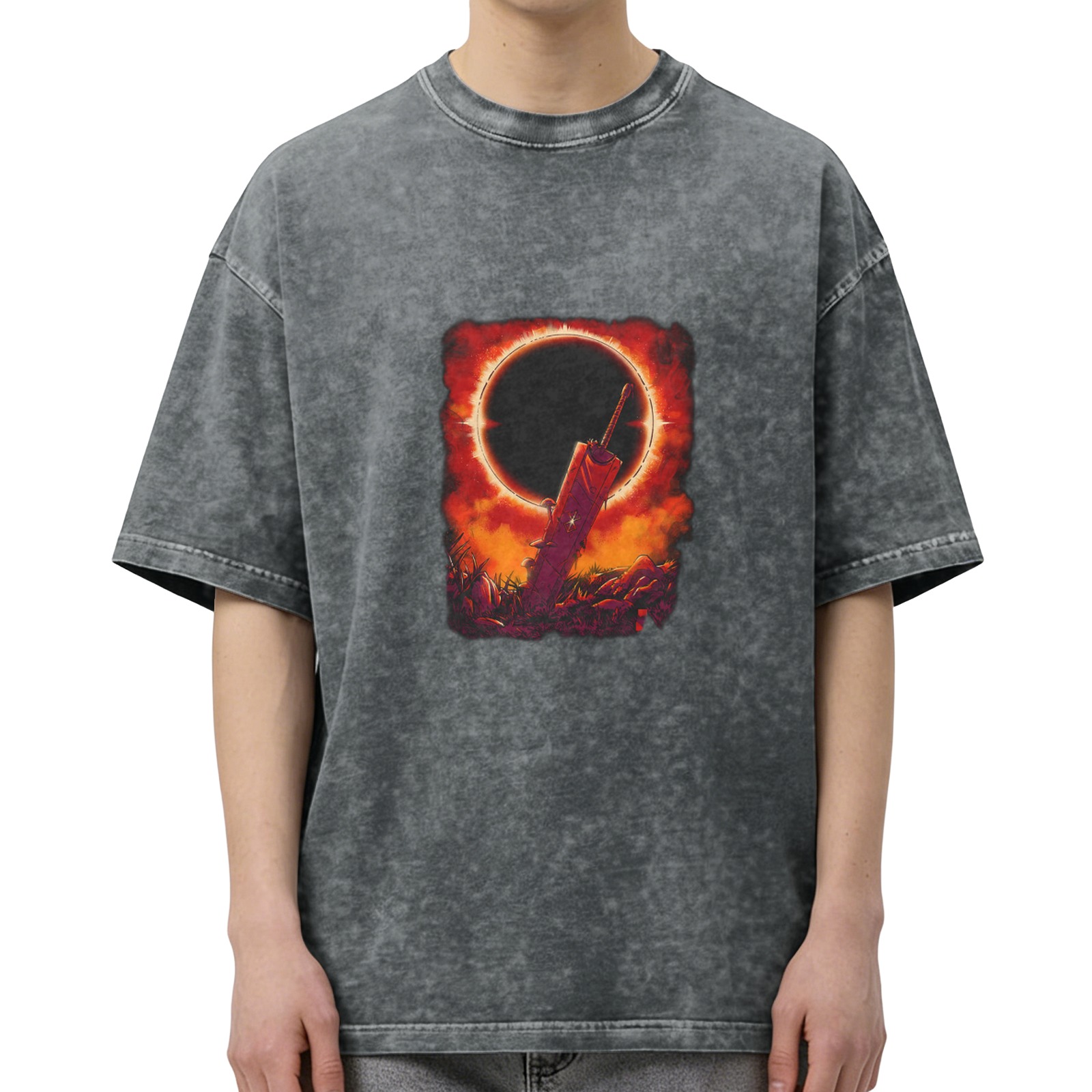 Distressed black loose short-sleeved T-shirt with solar eclipse sword pattern printed on the chest