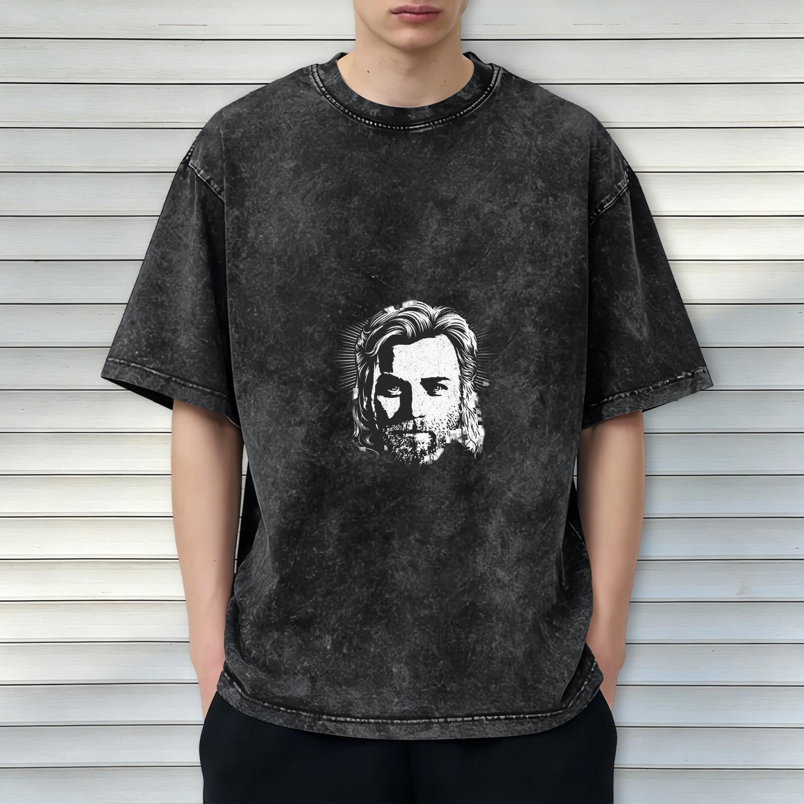 Distressed washed black loose short-sleeved T-shirt with portrait printed on the front