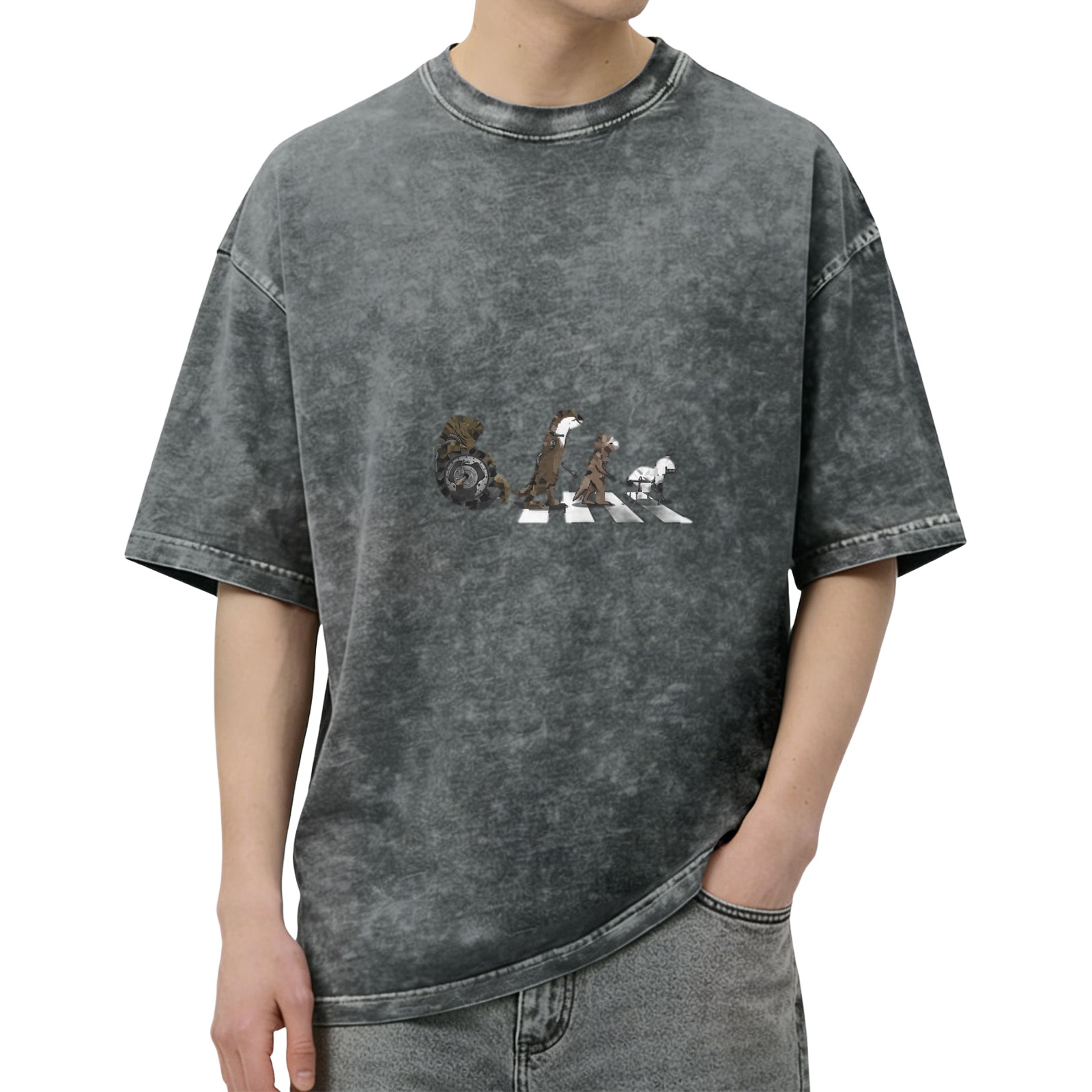 Oversized Acid Wash T-Shirt With Animal Abbey Road Style Graphic