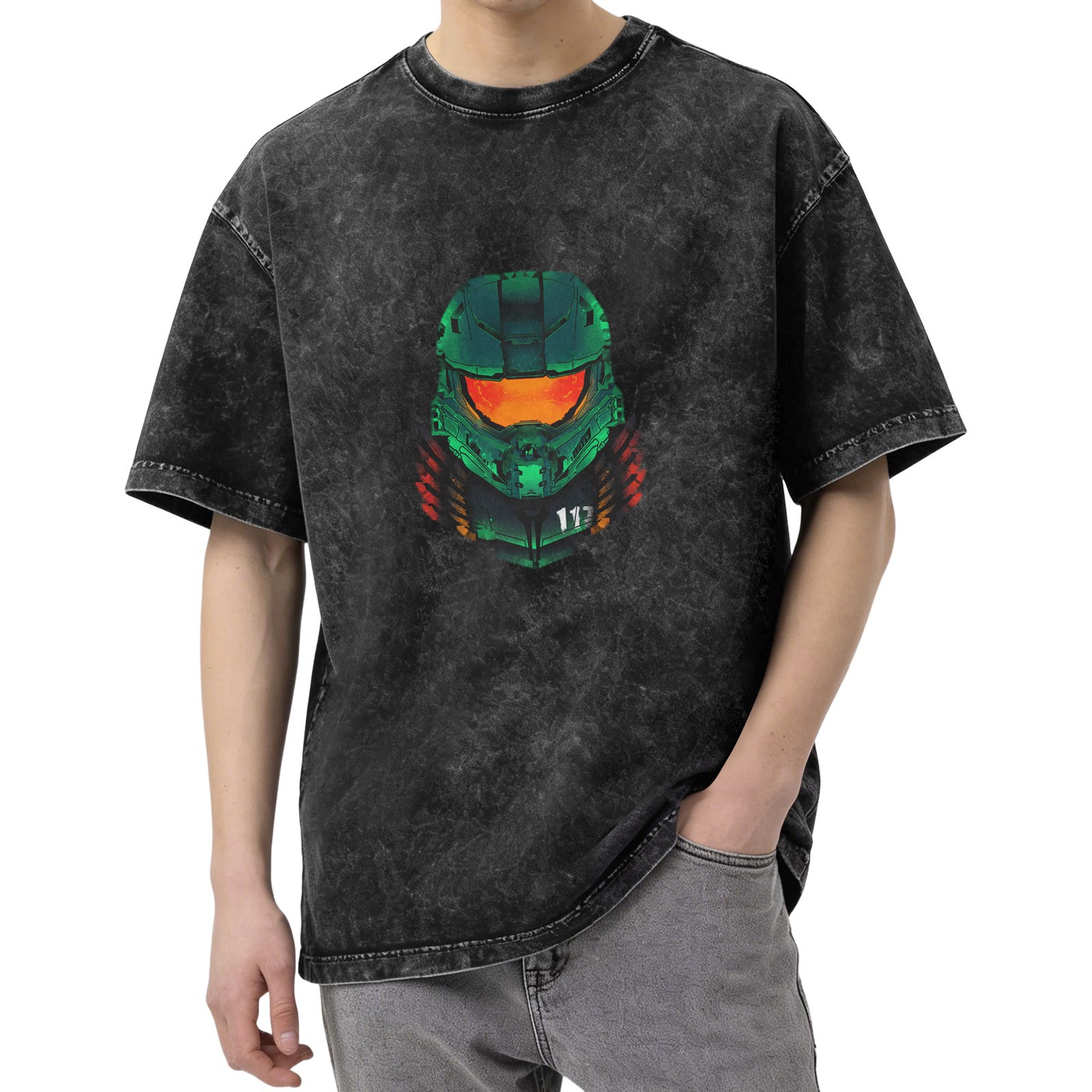 Oversized Stonewashed T-Shirt With Master Chief Helmet Graphic