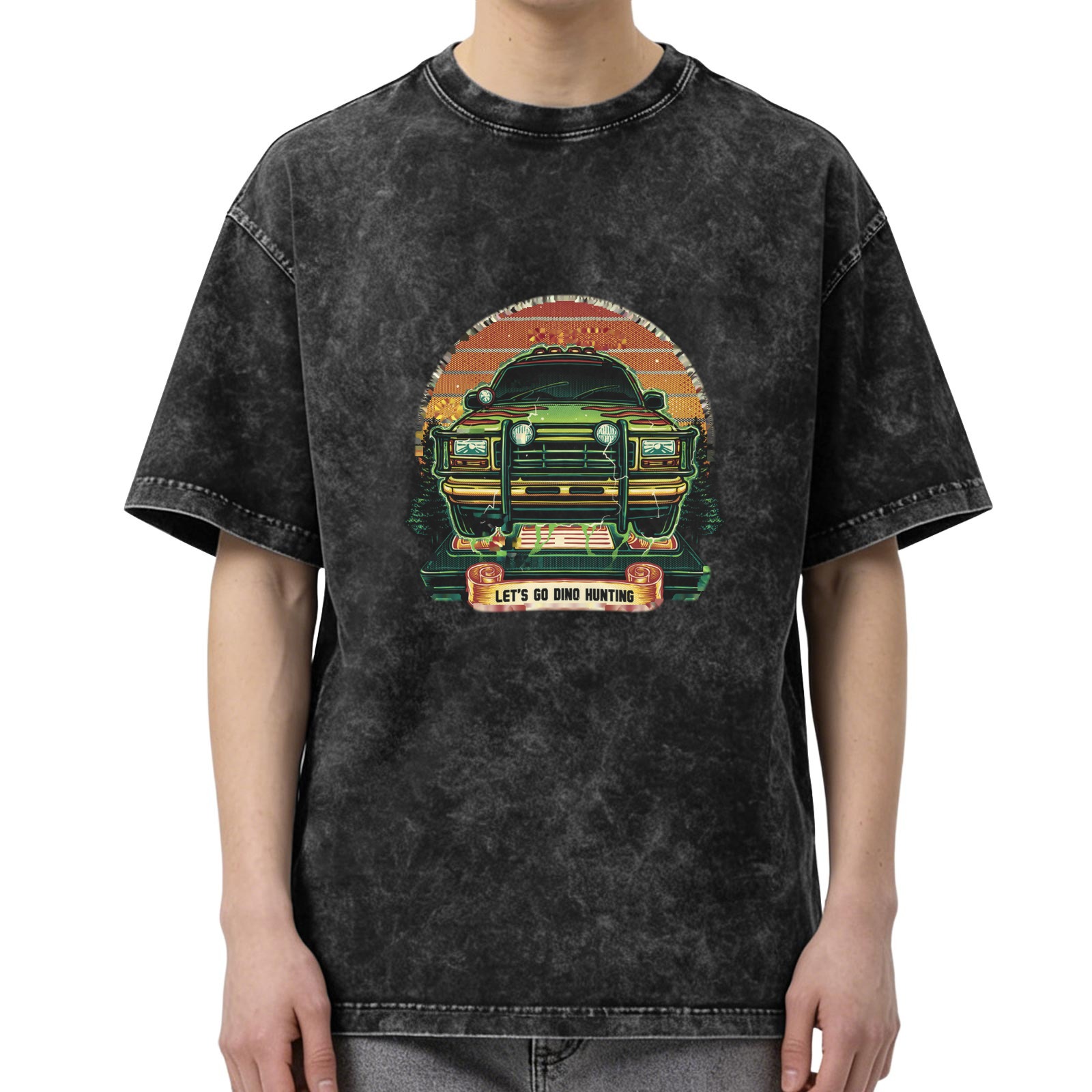 Washed Black T-Shirt with Let's Go Dino Hunting Jurassic Park Style Graphic