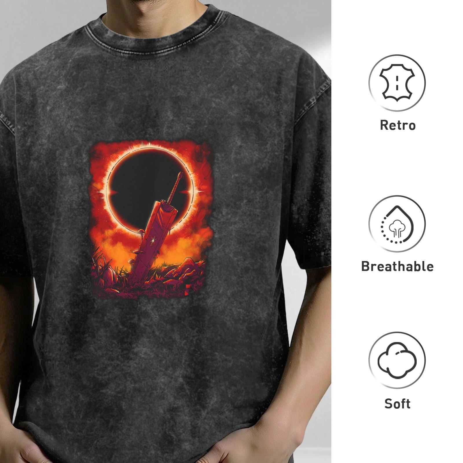Distressed black loose short-sleeved T-shirt with solar eclipse sword pattern printed on the chest