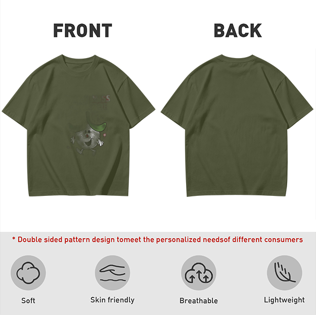 Olive green graphic t-shirt with playful cartoon character print