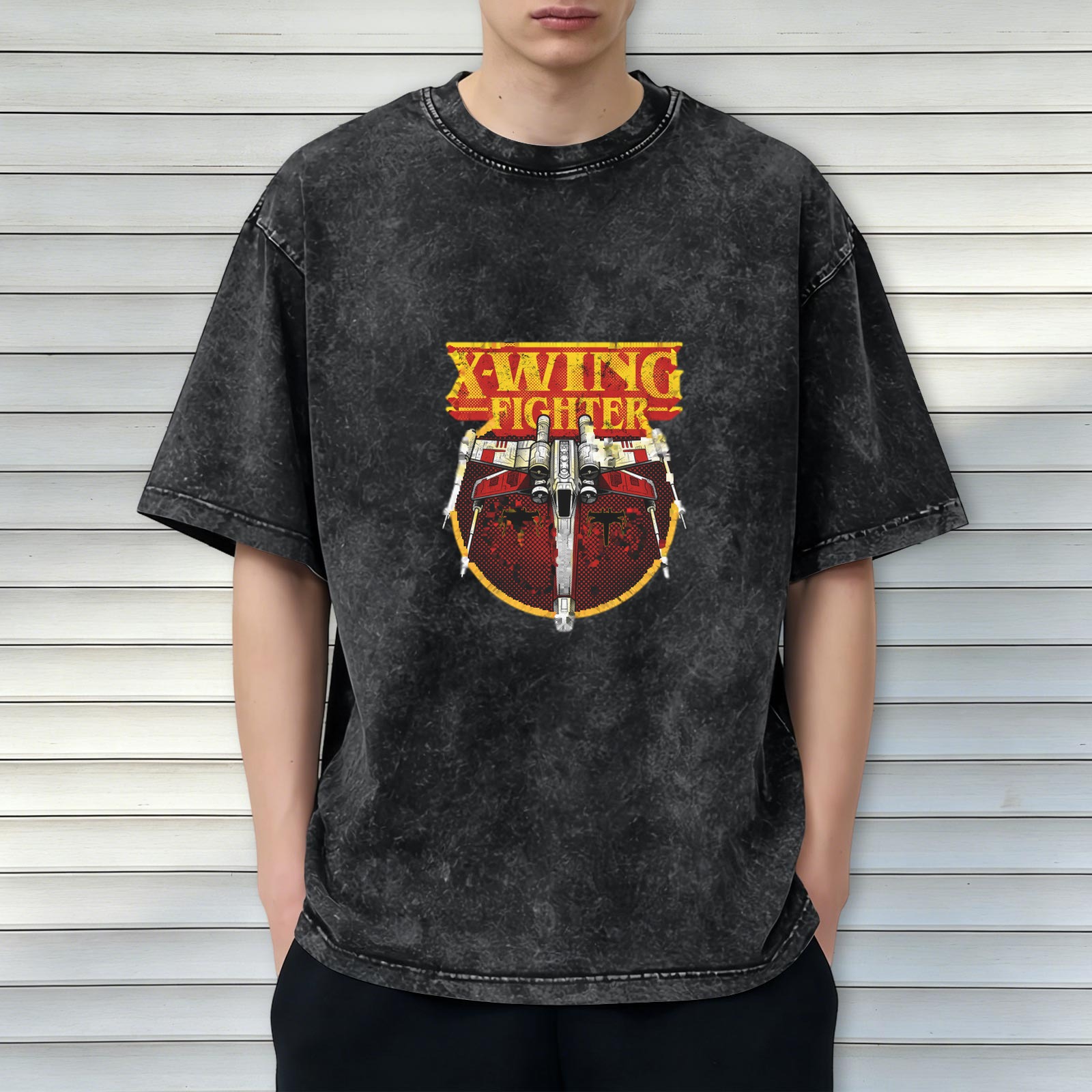 Oversized Dark Wash T-Shirt with X-Wing Fighter Graphic