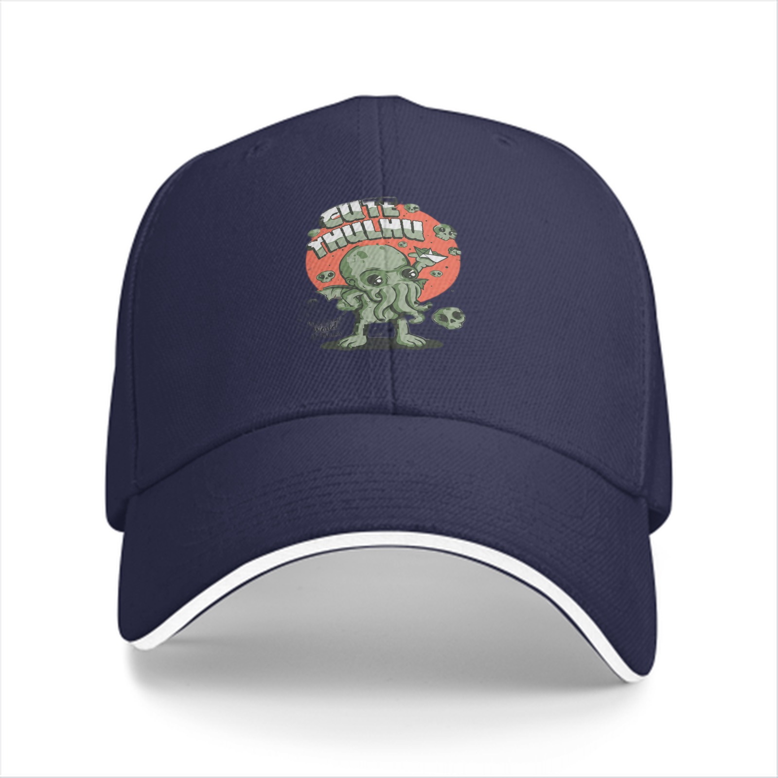 Black baseball cap with cute Cthulhu graphic and skulls