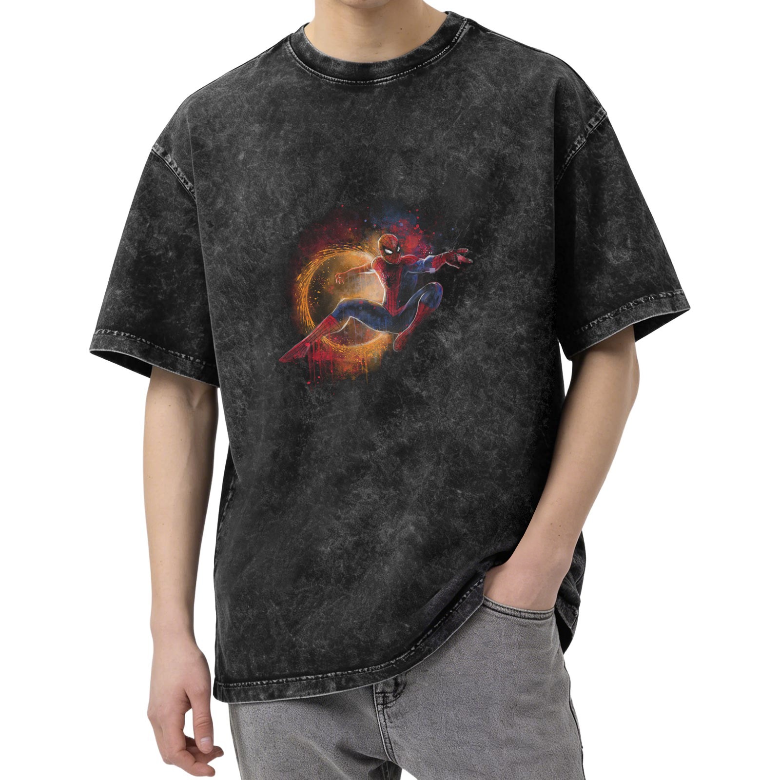 Oversized Acid Wash T-Shirt with Spider-Man Graphic Print
