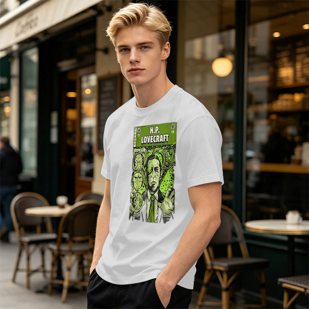 H.P. Lovecraft Comic Print Graphic Olive T-Shirt