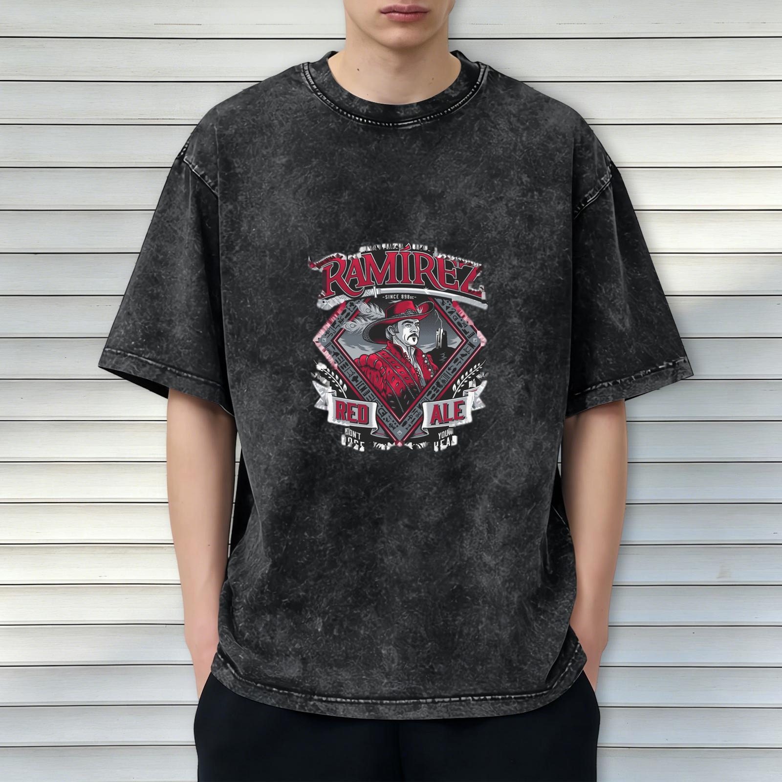Oversized Acid Wash T-Shirt with Ramirez Red Ale Graphic