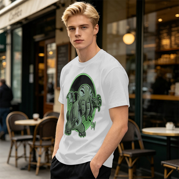 Olive T-Shirt Featuring Cute Cartoon Cthulhu Saying Hi