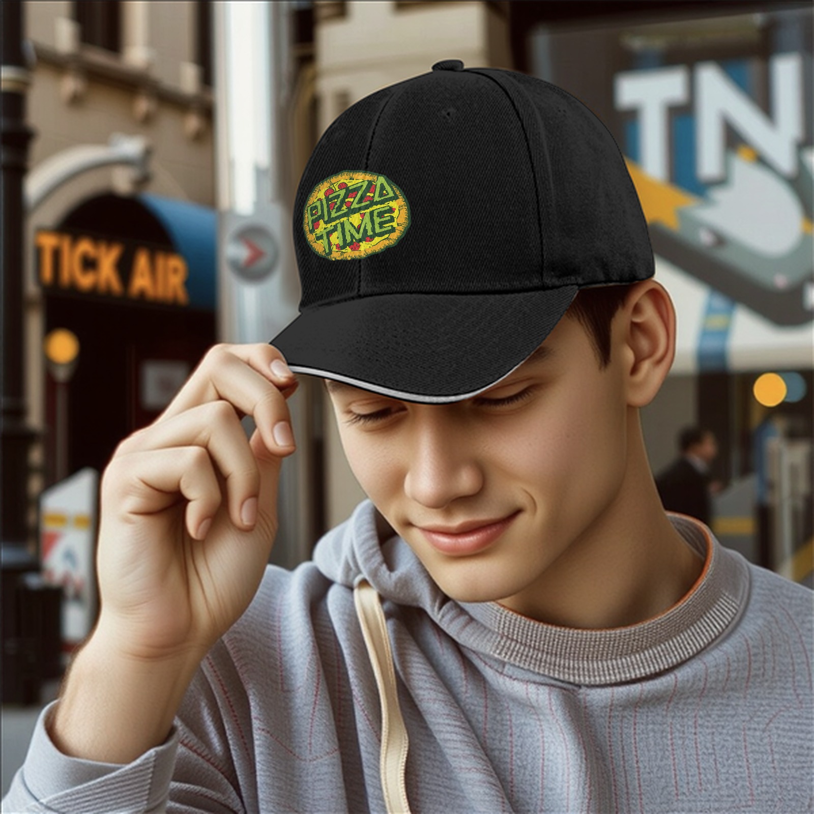 Black Baseball Cap With Pizza Time Graphic Design